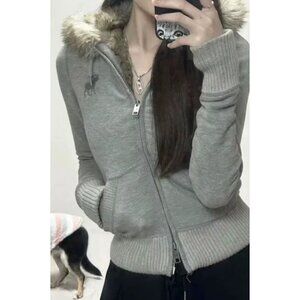 90s Vintage Abercrombie Faux Fur Hoodie Full Zip Women Large Gray Y2K Moose Knit